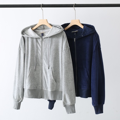 美国单！DP25美金！秋冬运动休闲天鹅绒质感连帽短款卫衣外套女