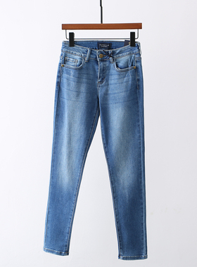 欧美单！整单货！水洗蓝色自然腰显瘦修身小脚裤牛仔裤铅笔裤女