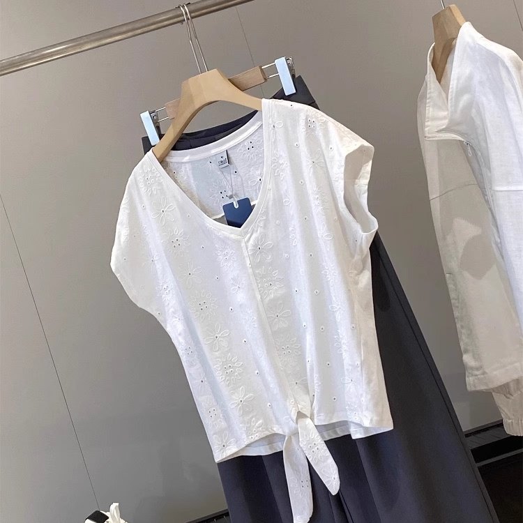 出口单！100纯棉春夏透气减龄镂空白色V领小衫短袖女,女装/女士精品,T恤,淘宝优惠券,粉丝福利购,淘宝优惠卷