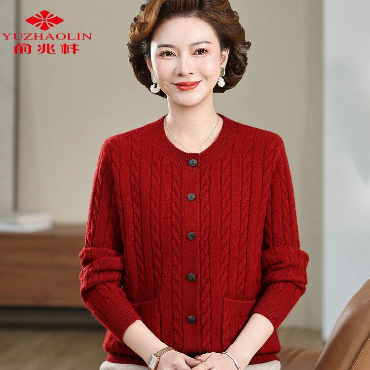 俞兆林中老年妈妈圆领绞花针织开衫 秋冬显瘦麻花保暖毛衣外套