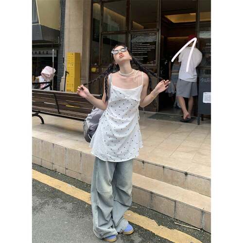 198布丁 美式波点吊带洋装女夏季辣妹修身收腰无袖包臀短裙裙子