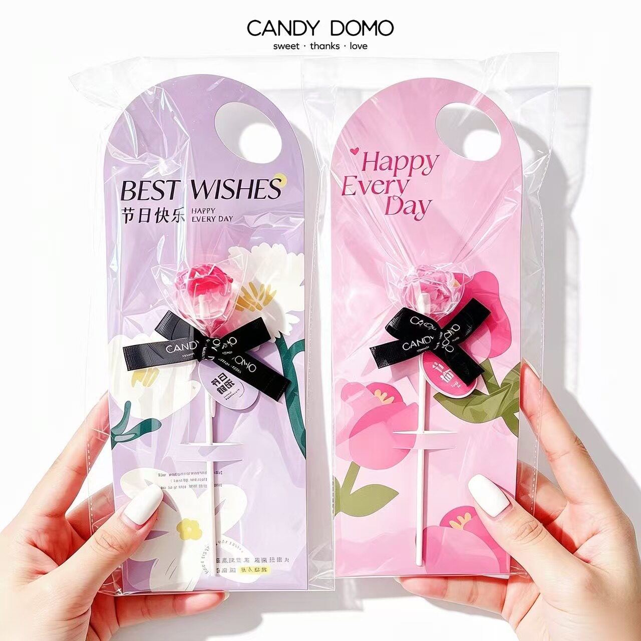 CANDYDOMO创意手工玫瑰花贺卡棒棒糖儿童水果味糖果告白生日礼物