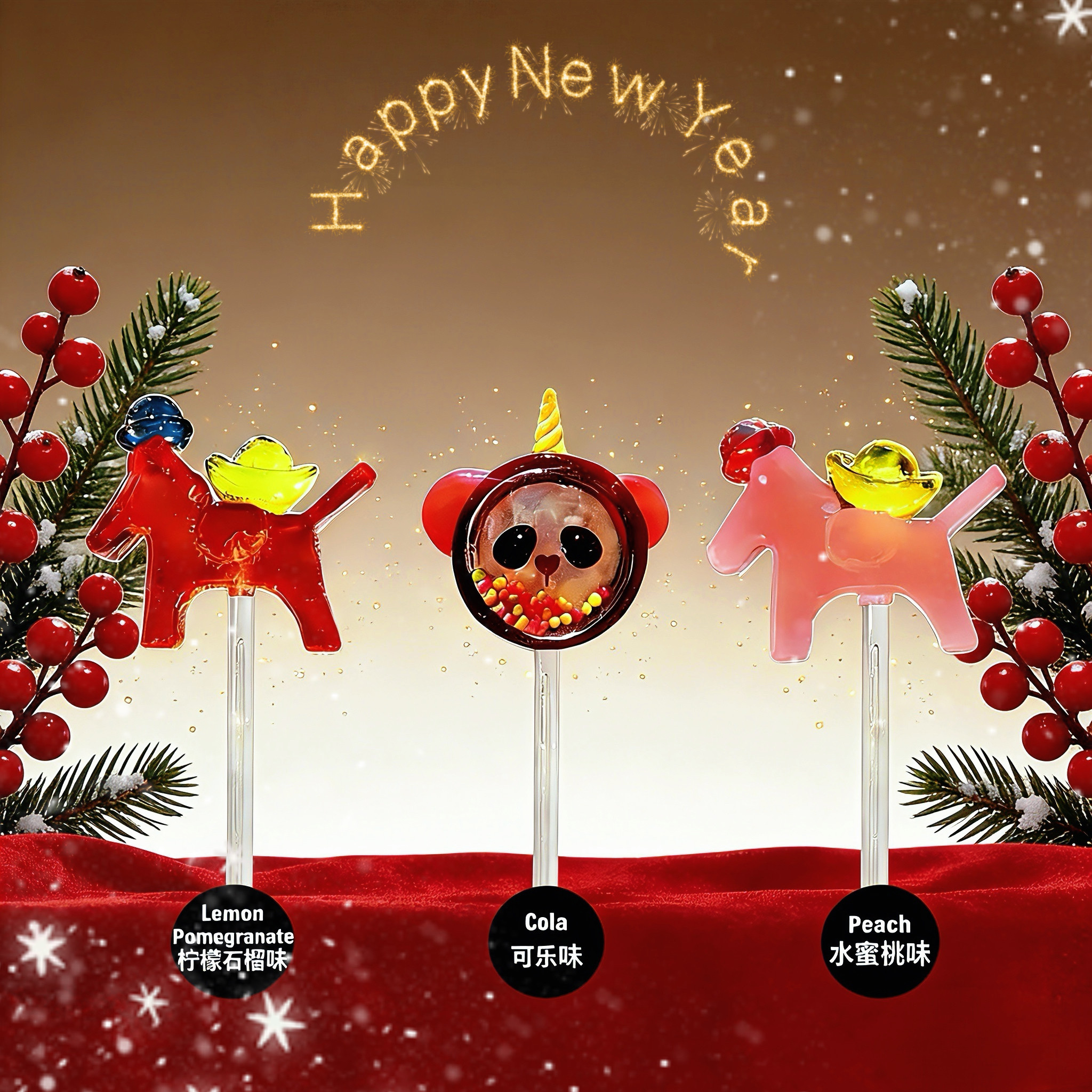 CANDYDOMO手工新年限定小马发光棒棒糖水果味儿童糖果新年礼物