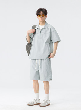 夏季套装男潮牌冰丝薄款半拉链休闲工装运动装一套衣服短袖两件套