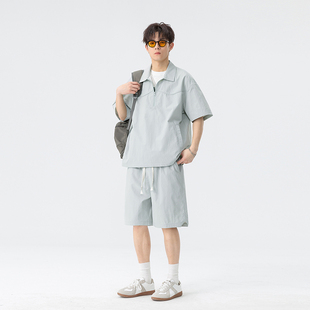 夏季套装男潮牌冰丝薄款半拉链休闲工装运动装一套衣服短袖两件套