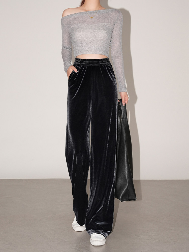 高端灰色金丝绒阔腿裤女士春秋季黑色丝绒裤羊毛衬里加厚大尺寸直,女装/女士精品,休闲裤,淘宝优惠券,粉丝福利购,淘宝优惠卷