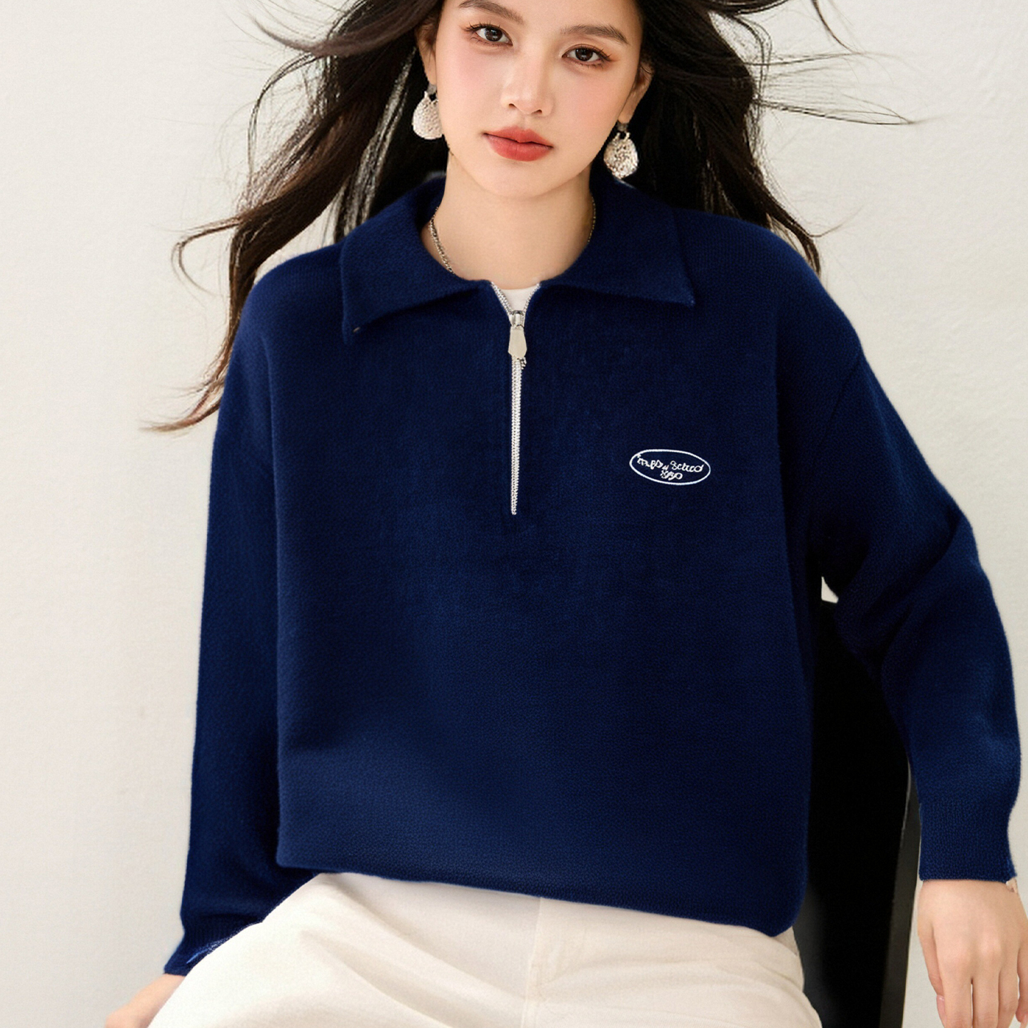 polo领卫衣女秋冬季2025新款美式复古正肩慵懒风减龄宽松拉链上衣