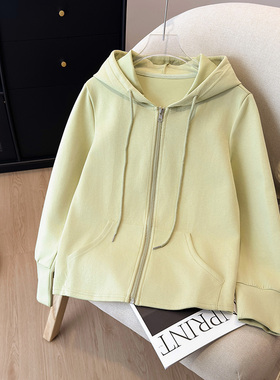 外套女秋季2025新款小众通勤长袖上衣慵懒风浅绿色连帽薄款卫衣潮