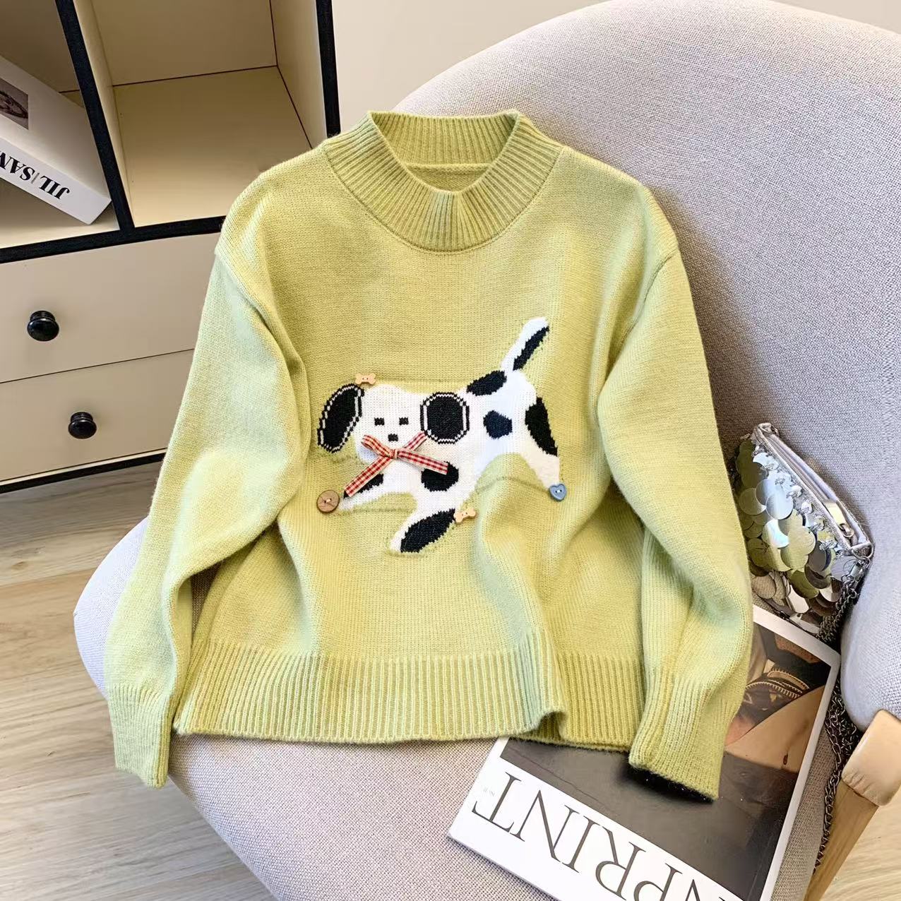 绿色毛衣女秋冬季2025新款圆领