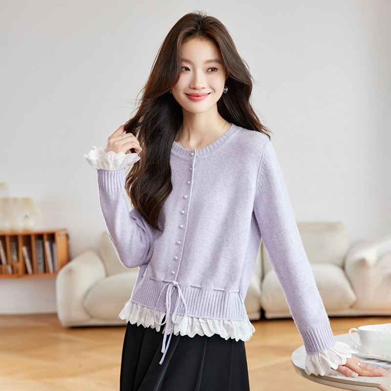 紫色针织衫女秋冬季2025新款软糯休闲珍珠花边拼接通勤风开衫上衣