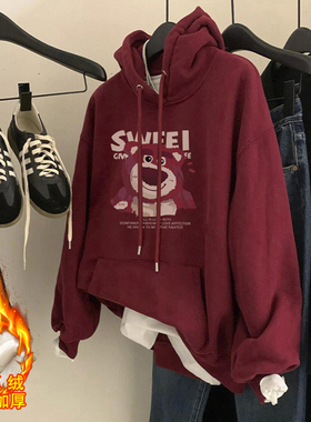 纯棉连帽卫衣女秋冬季2025新款加绒加厚红色宽松懒惰风帽衫春秋潮