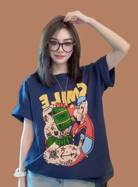 美式印花纯棉T恤女夏季2026新款宽松白色圆领体恤衫短袖上衣ins潮