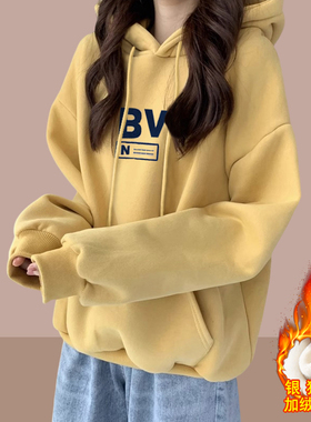 纯棉连帽卫衣女秋冬季2026新款加绒加厚宽松美式懒惰套头帽衫春秋