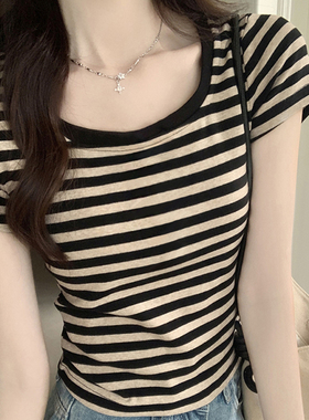 纯棉条纹短袖t恤女夏季2026新款半开圆领显瘦小个子正肩体恤上衣