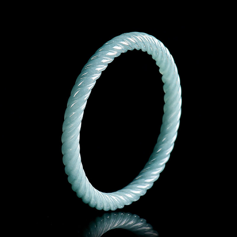 天然正品A货翡翠蓝水圆条立体麻花手镯平安镯冰种玉石镯子女手饰