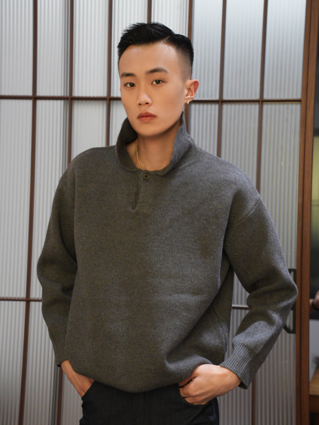 SaiTuiCL老钱风高密厚实老钱风慵懒翻领重磅加厚宽松休闲针织衫男