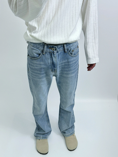 Voguo Relay 2024新款设计浅蓝流苏牛仔裤中腰水洗做旧直筒裤男女