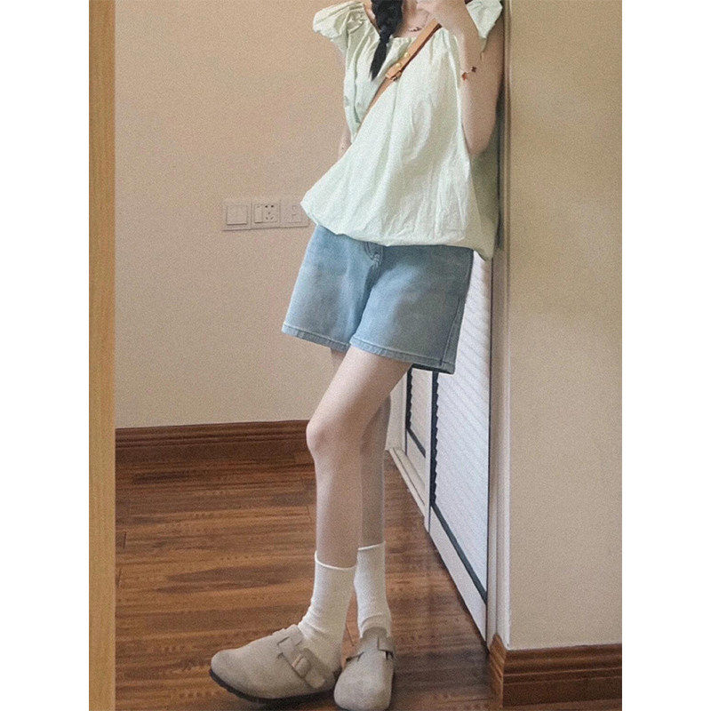 美式高街浅色牛仔短裤女款夏季薄款2026新款高腰宽松a字阔腿热裤