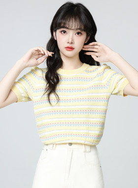 黄色条纹针织短袖T恤女2026夏季新款设计感圆领正肩T恤短款上衣