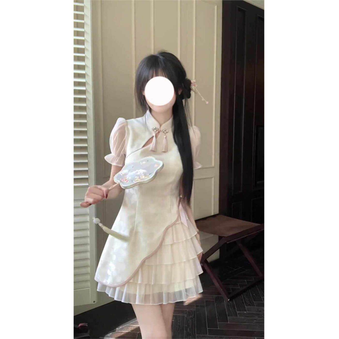 新中式轻国风改良旗袍连衣裙 高腰短袖A字裙适用小个子