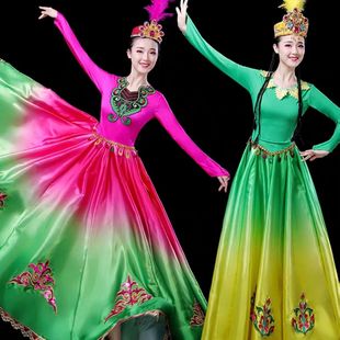 新疆舞蹈演出服女成人维吾尔族套装 民族长裙 大摆裙开场舞表演服装