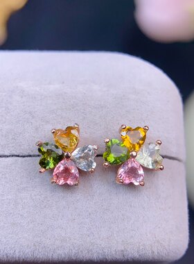 地大校内工作室301洁真彩天然碧玺蝴蝶花耳钉S925银镶嵌轻奢百搭
