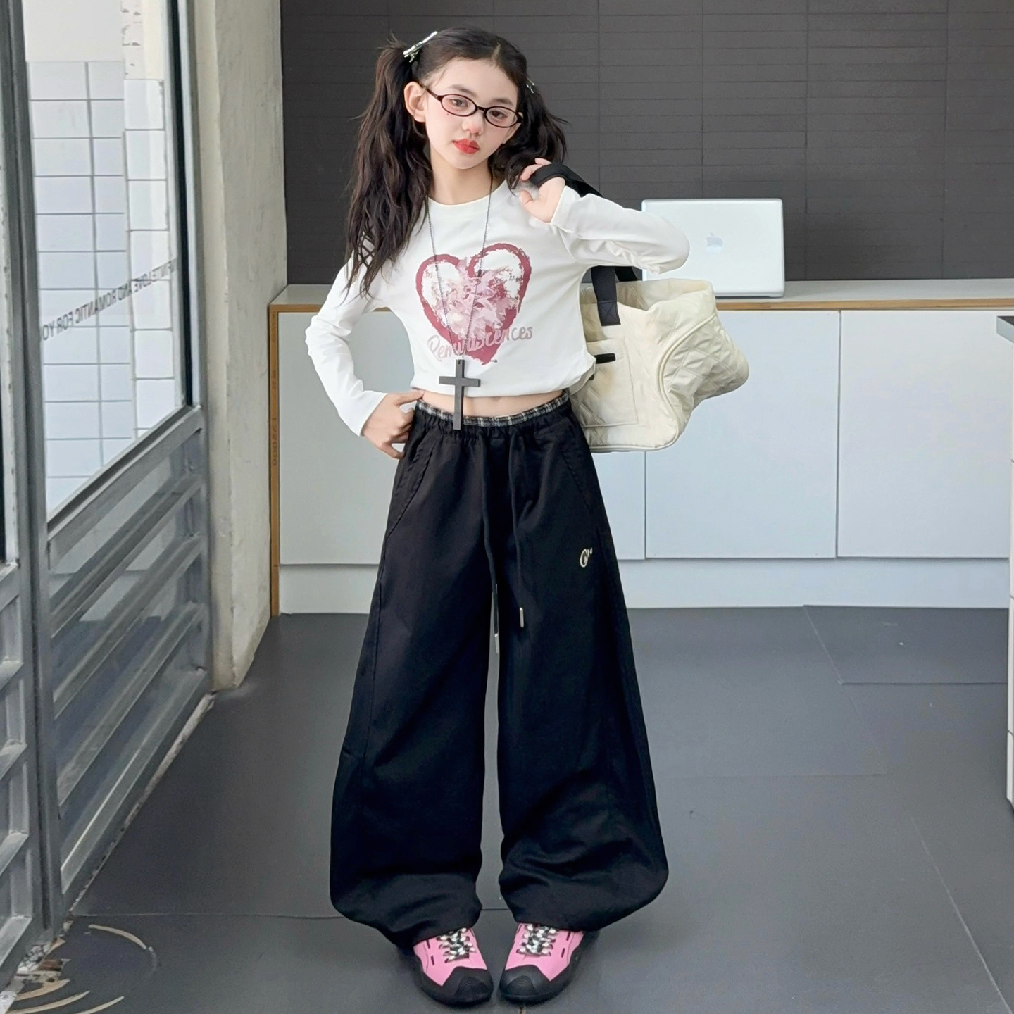 阔腿裤宽松慵懒风女童简约休闲裤新品甜美潮宝韩范街头炸街酷风