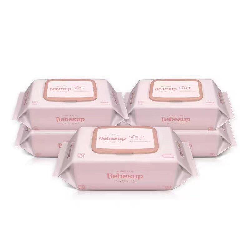 韩国进口BEBESUP新生婴儿亲肤手口湿巾带盖家用加大柔软80抽X5包
