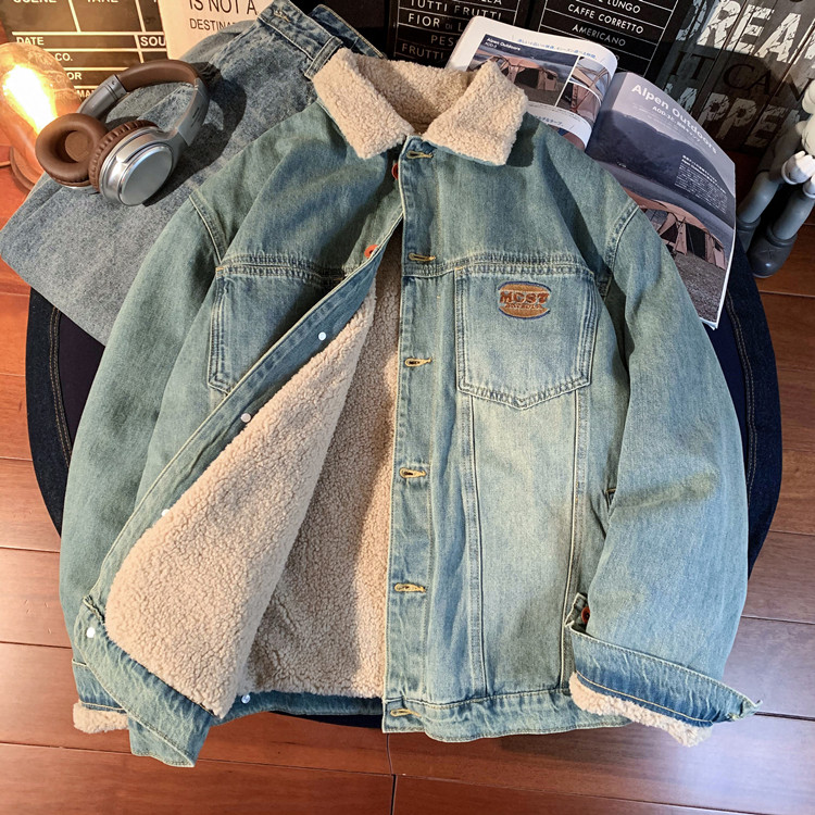 1005-2-LMF045-P135 冬季羊羔毛牛仔外套男女加绒加厚棉服夹克图片