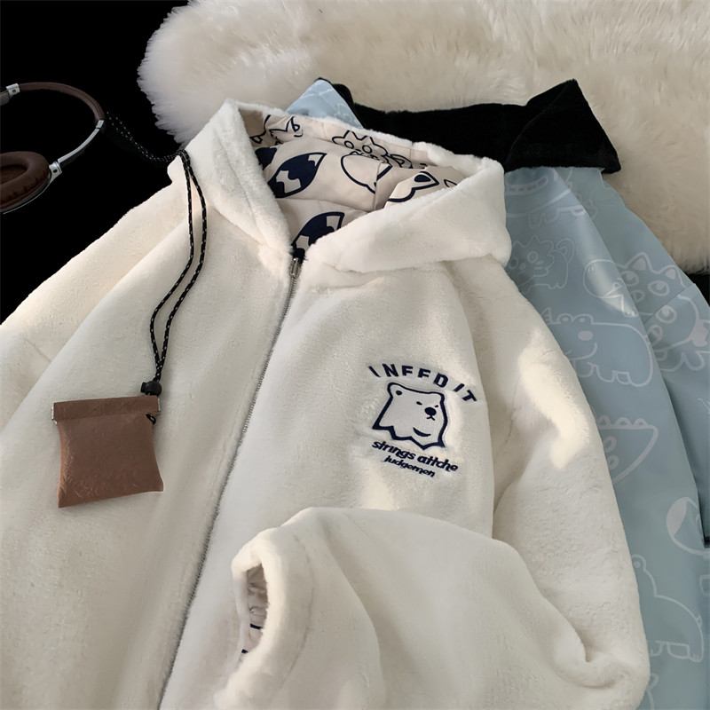 1005-2-LMF102-P135 冬季港风男士两面穿连帽棉服情侣毛绒绒外套图片