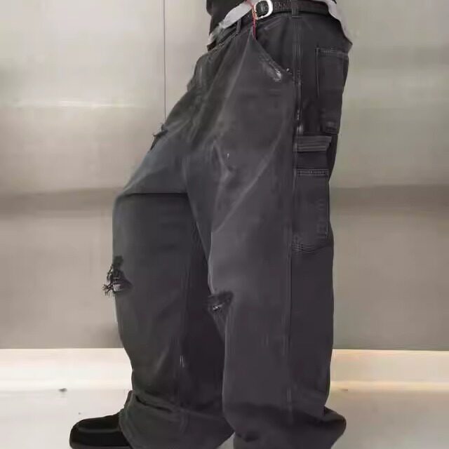 水洗破洞贴布Baggy牛仔裤