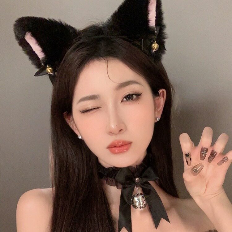 万圣节头饰黑色毛绒猫耳朵发箍