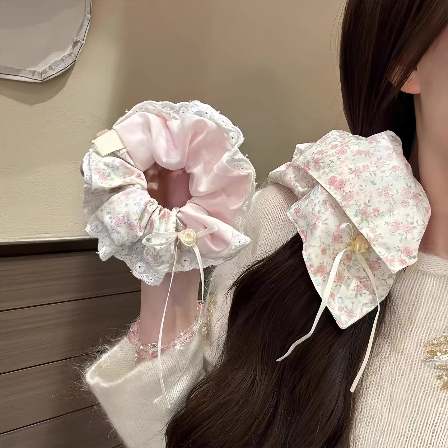 粉色蝴蝶结碎花方巾大肠发圈女