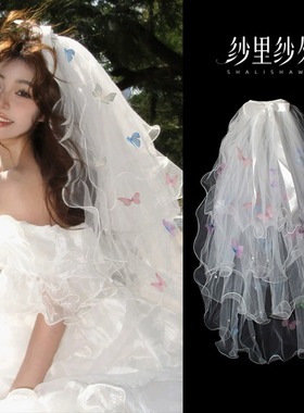 白色蝴蝶结头纱新娘主婚纱炫彩蝴蝶蓬蓬纱求婚登记拍照道具头饰