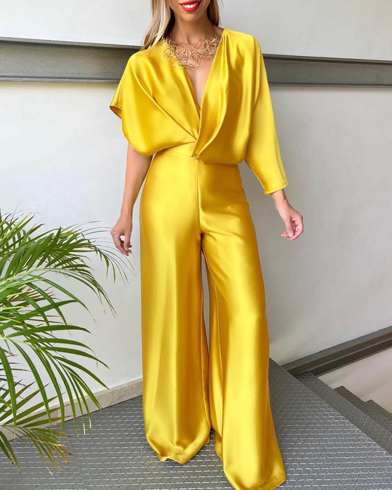 Satin Wide Leg Jumpsuit Women 欧美缎面不对称蝙蝠袖收腰连体裤