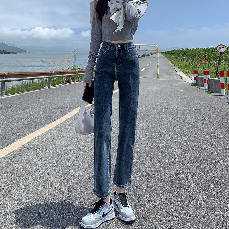 美式高腰直筒牛仔裤女春秋季百搭显瘦宽松弹力修身九分烟管裤子潮