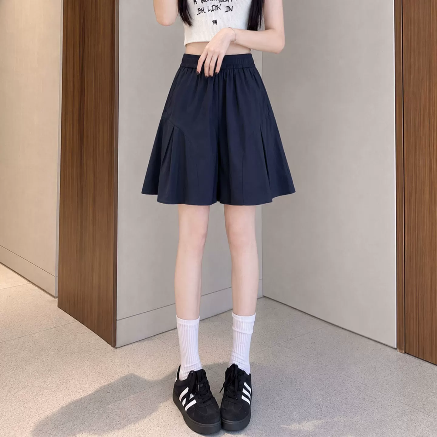 藏青色速干短裤女夏季外穿a字宽松工装裙裤小个子冰丝运动五分裤