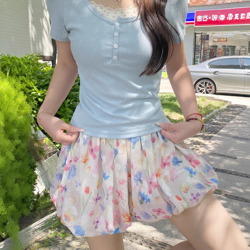 冰丝碎花短裤女外穿夏季薄2026新款小个子灯笼花苞裤彩色休闲裙裤