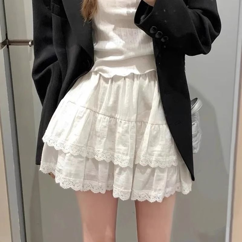 白色蛋糕短裙女夏季高腰a字芭蕾风半裙小个子防走光蕾丝半身裙子