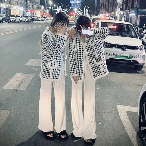 快手网红同款套装女小香风千鸟格流苏外套+直筒休闲针织裤两件套