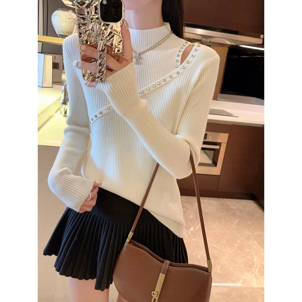 半高领打底衫新款女秋冬镂空钉珠毛衣修身高级感长袖打底上衣女装,女装/女士精品,毛针织衫,淘宝优惠券,粉丝福利购,淘宝优惠卷