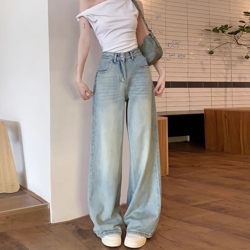 浅蓝色阔腿牛仔裤女春季美式新款设计感高腰显瘦拖地直筒长裤子潮