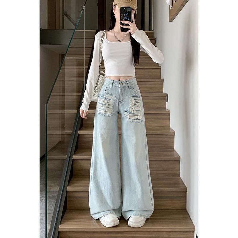 美式街头破洞牛仔裤女春夏季新款流苏磨白设计感浅色宽松直筒裤子