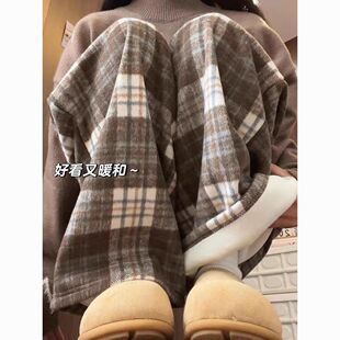 高腰冬天蓝色格子裤 女氛围感复古文艺宽松直筒垂感加绒休闲阔腿裤