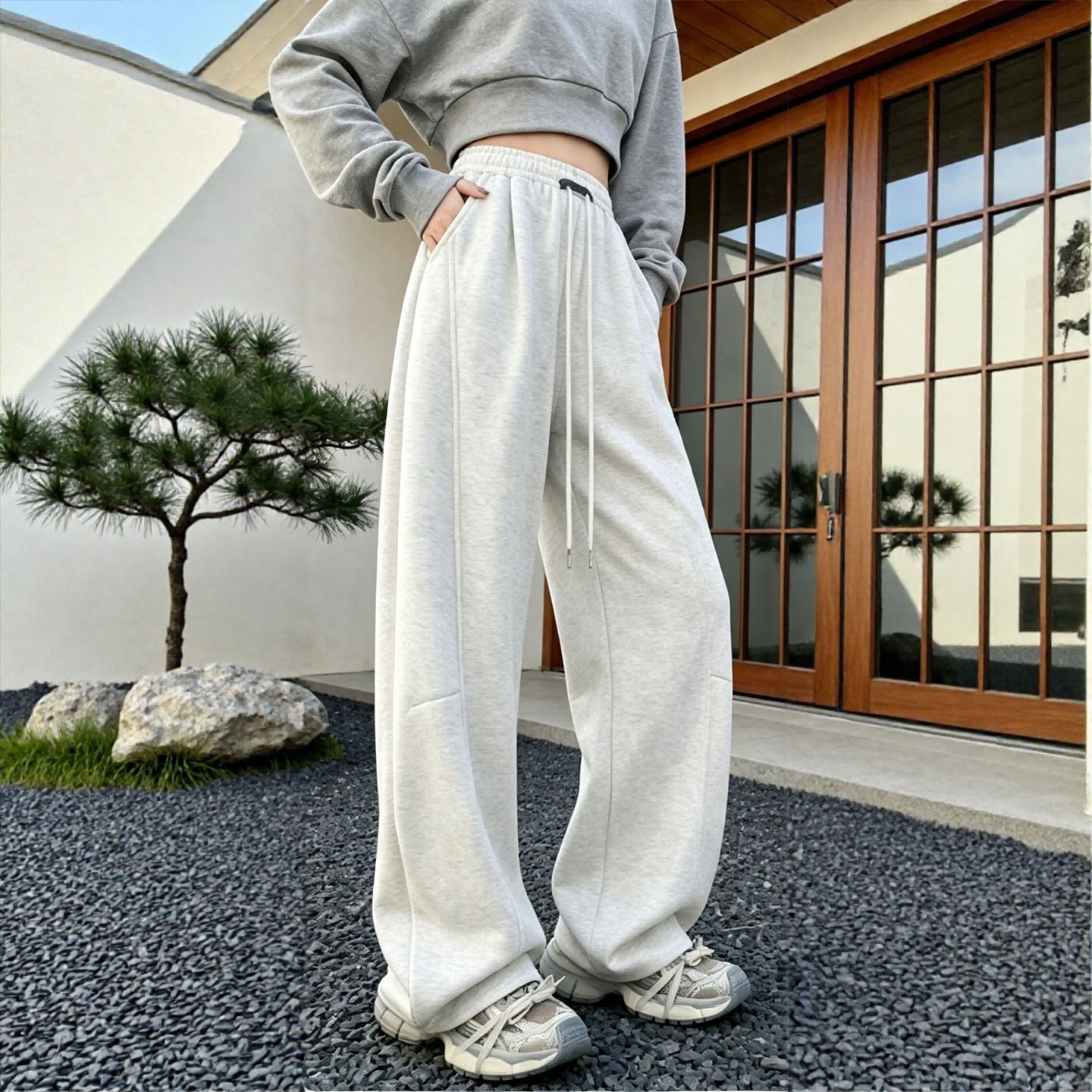 白灰弯刀阔腿裤女春秋季2026新款休闲卫裤小个子宽松大码运动裤子