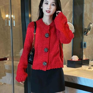 小香风新年红色绞花针织开衫女秋冬季慵懒高级感短款毛衣外套上衣