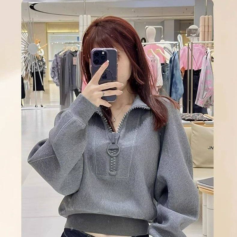 秋冬季加绒加厚短款灰色卫衣女高级感立领半拉链小众纯色外套