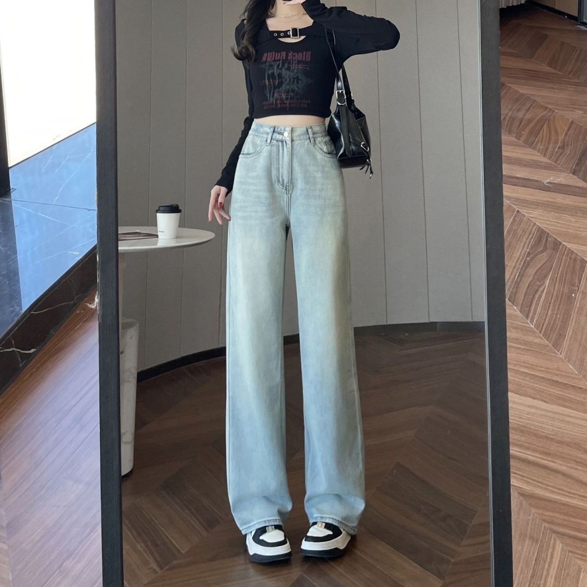 浅蓝色阔腿牛仔裤女春季美式新款设计感高腰显瘦拖地直筒长裤子潮