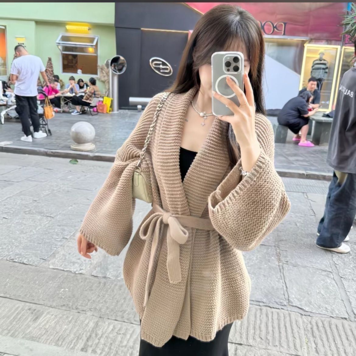 社会女快手网红同款法式气质V领收腰系带针织开衫+吊带连衣裙套装