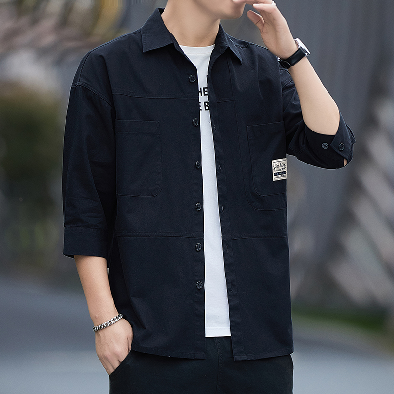 100%纯棉男士七分袖工装衬衫港风宽松痞帅衬衣韩版中袖寸衫男外套